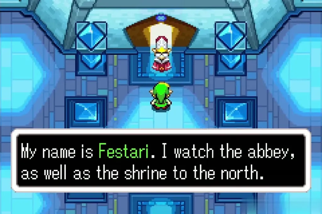 Festari introducing herself beside the shrine in the blue abbey Festari introducing herself beside the shrine in the blue abbey