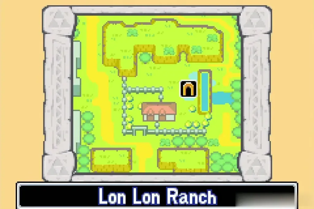 An overhead view of Lon Lon Ranch as a stairway opens beside the pond after the fusion An overhead view of Lon Lon Ranch as a stairway opens beside the pond after the fusion