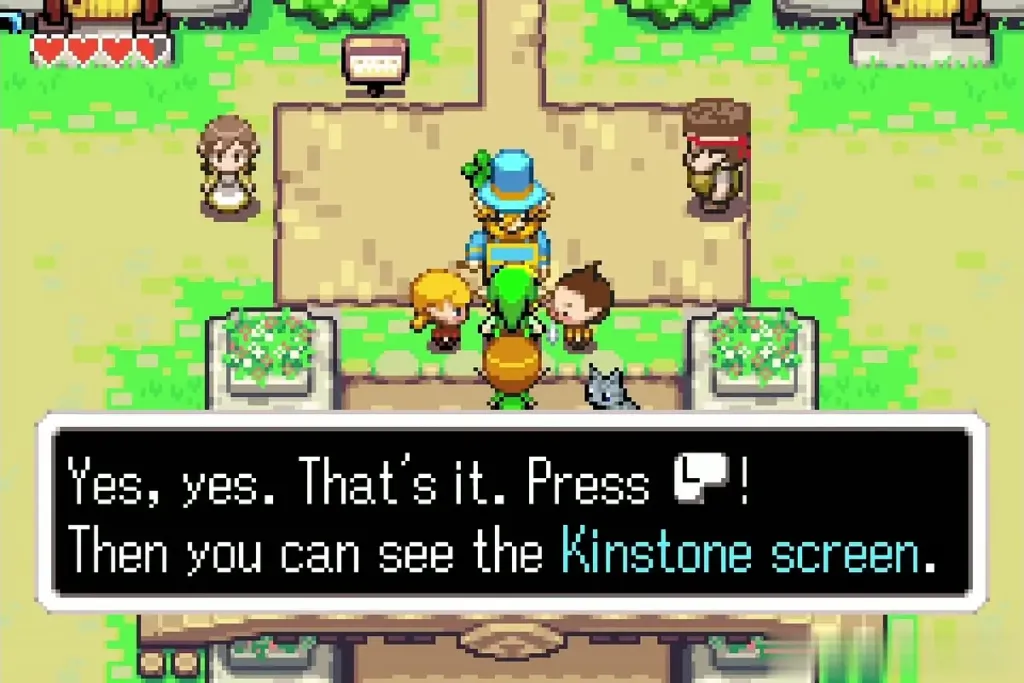 Hurdy-Gurdy Man in the Hyrule Town plaza telling Link to press the button to open the Kinstone screen Hurdy-Gurdy Man in the Hyrule Town plaza telling Link to press the button to open the Kinstone screen
