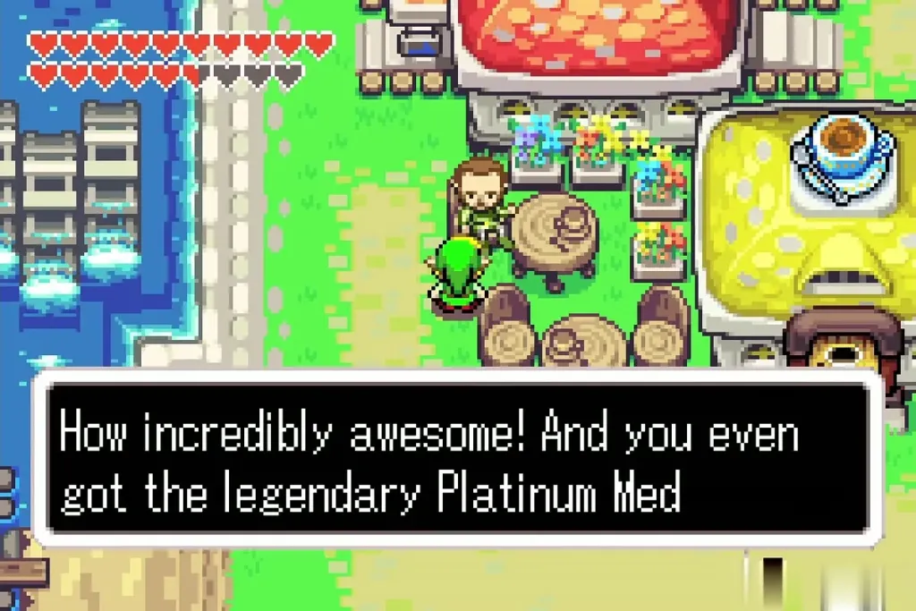 Link with an NPC at a Hyrule Town cafe table after receiving the legendary Platinum Medal Link with an NPC at a Hyrule Town cafe table after receiving the legendary Platinum Medal