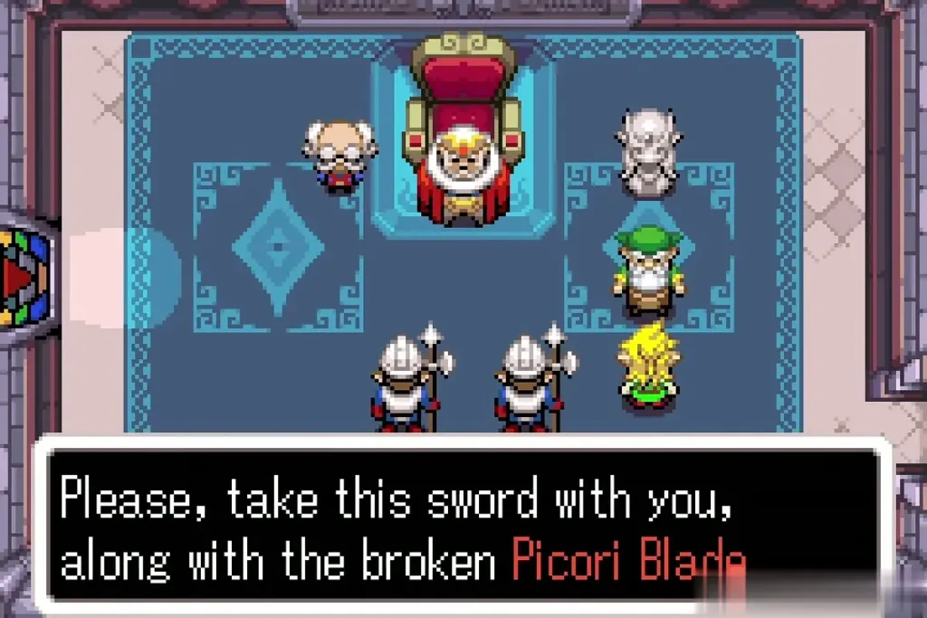 King Daltus in the castle throne room giving Link the sword and the broken Picori Blade King Daltus in the castle throne room giving Link the sword and the broken Picori Blade