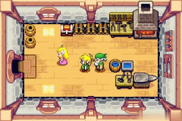Link inside his Hyrule Town house with a pink-haired companion before setting out Link inside his Hyrule Town house with a pink-haired companion before setting out