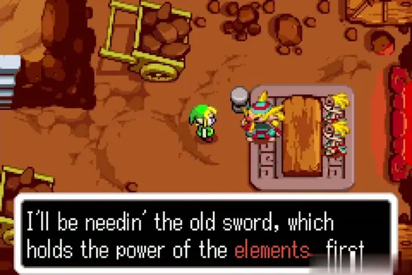 Melari at his anvil in Melari's Mines telling Link he needs the old sword that holds the elements Melari at his anvil in Melari's Mines telling Link he needs the old sword that holds the elements