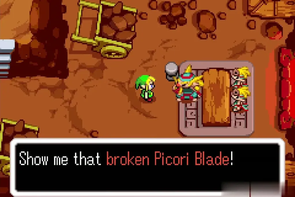 Melari in Melari's Mines asking Link to show him the broken Picori Blade Melari in Melari's Mines asking Link to show him the broken Picori Blade