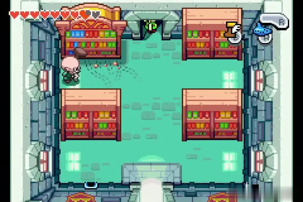 Link inside the Hyrule Town library with teal bookshelves in the room Link inside the Hyrule Town library with teal bookshelves in the room