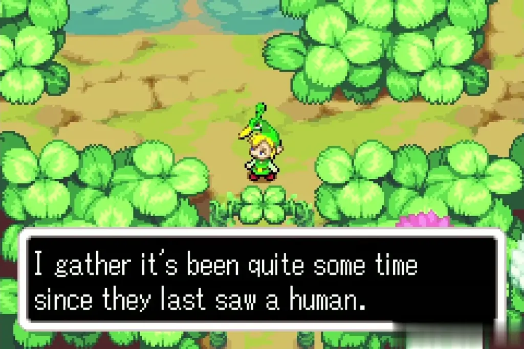 Link on the clover path at Minish Village listening as the Minish say it has been quite some time since they saw a human Link on the clover path at Minish Village listening as the Minish say it has been quite some time since they saw a human