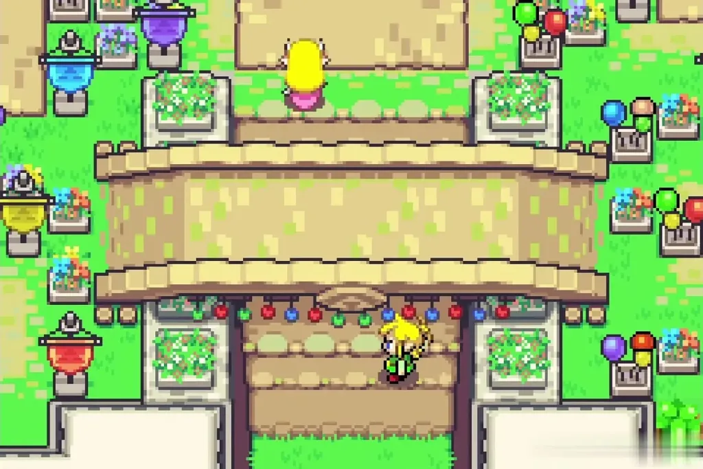 Link walking through the festival gate of Hyrule Town during the Picori Festival Link walking through the festival gate of Hyrule Town during the Picori Festival