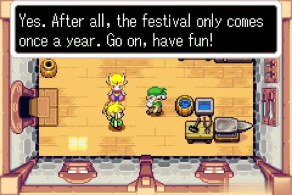 Link and Zelda in Smith's house in Hyrule Town as Smith tells them to go have fun at the festival Link and Zelda in Smith's house in Hyrule Town as Smith tells them to go have fun at the festival