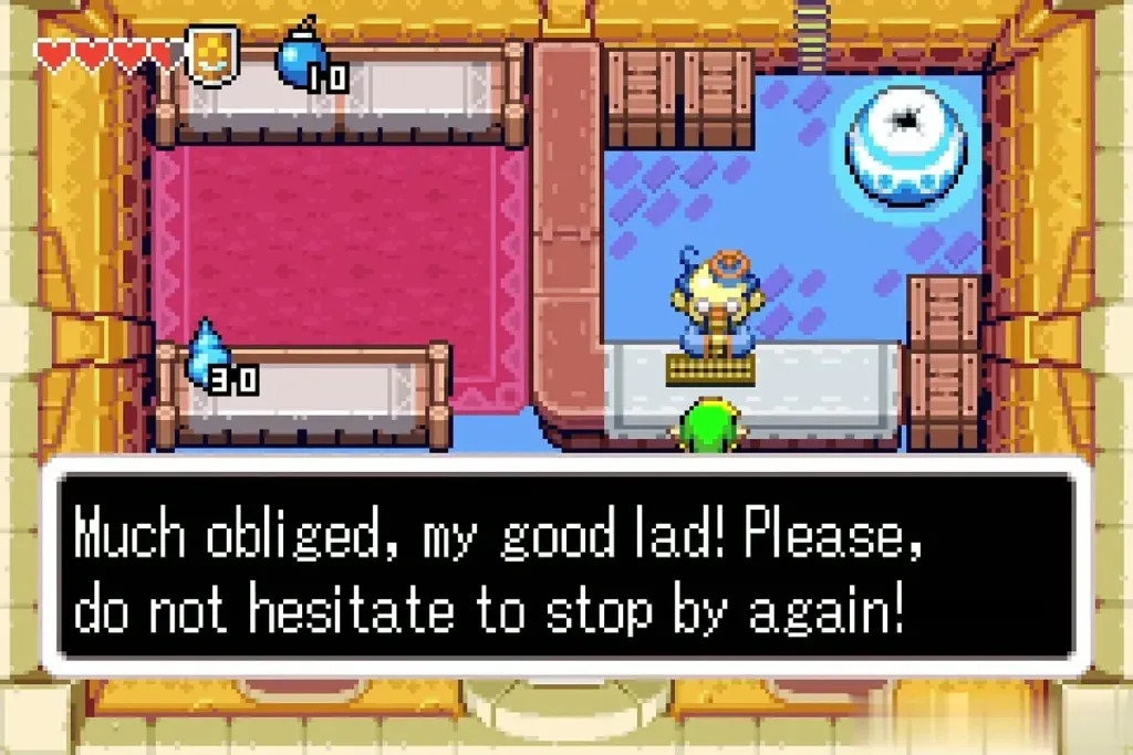 Stockwell behind his Hyrule Town shop counter thanking Link as he leaves Stockwell behind his Hyrule Town shop counter thanking Link as he leaves