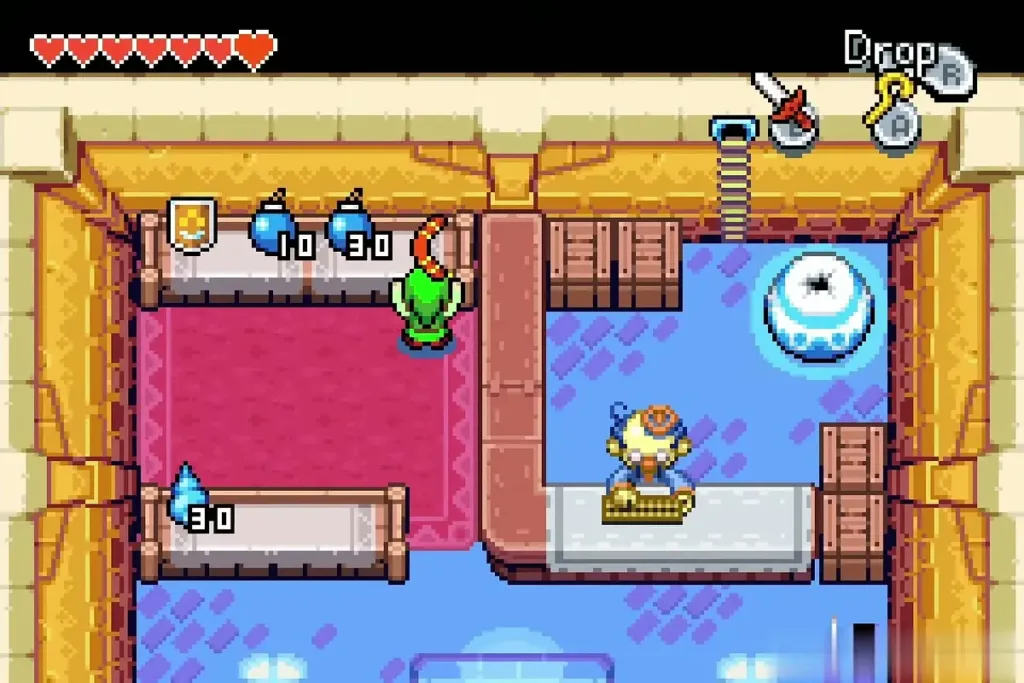 Link inside Stockwell's shop beside the counter with 303 Rupees on the HUD Link inside Stockwell's shop beside the counter with 303 Rupees on the HUD