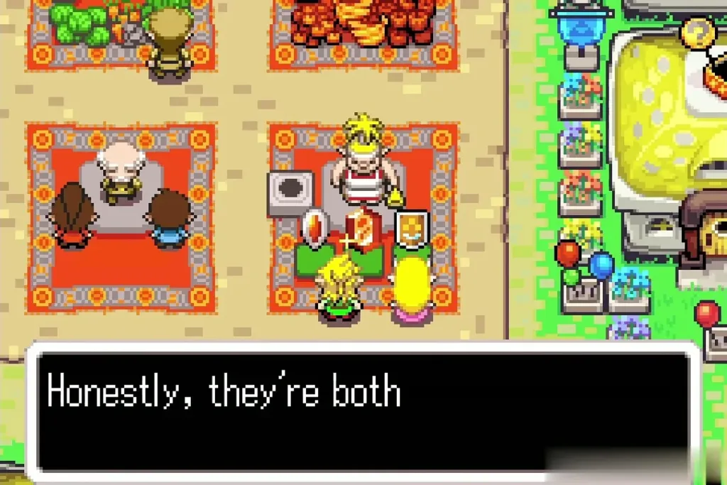 Zelda beside Link at the festival stall with the heart stone dialogue on screen Zelda beside Link at the festival stall with the heart stone dialogue on screen
