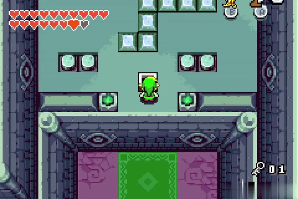 Link standing in the first Dark Hyrule Castle key room with one small key in the item counter Link standing in the first Dark Hyrule Castle key room with one small key in the item counter