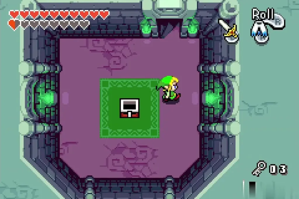 Link in the block room of Dark Hyrule Castle with three small keys in the item counter Link in the block room of Dark Hyrule Castle with three small keys in the item counter