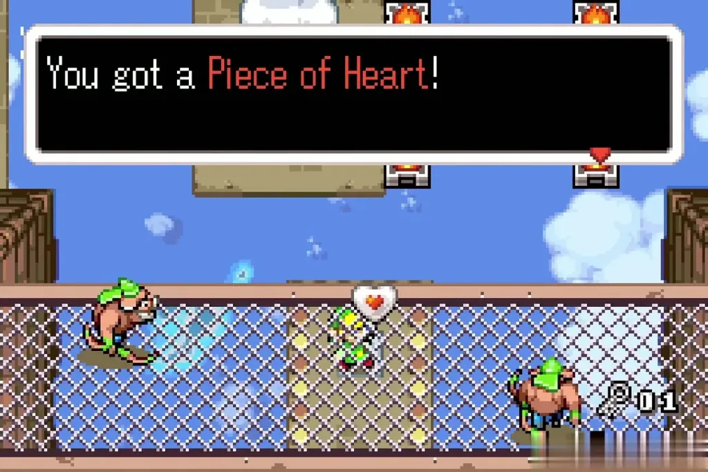 Link holding up a Piece of Heart after the item-get message in the Palace of Winds Link holding up a Piece of Heart after the item-get message in the Palace of Winds