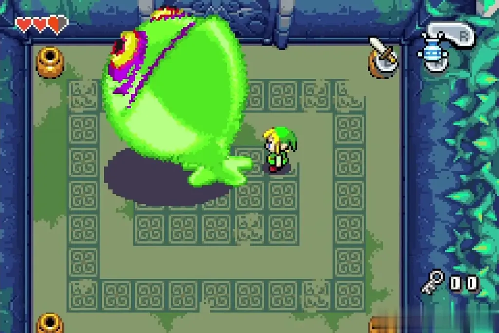 Link facing the giant Big Green ChuChu in the Deepwood Shrine boss room Link facing the giant Big Green ChuChu in the Deepwood Shrine boss room