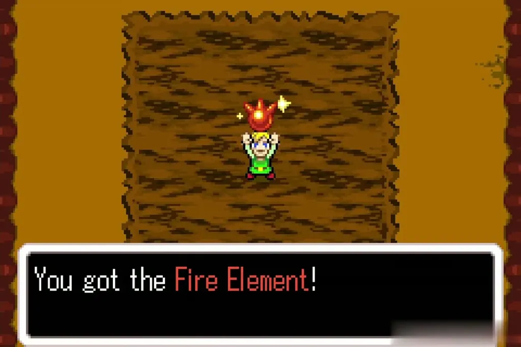 Link holding up the Fire Element with the full message Link holding up the Fire Element with the full message