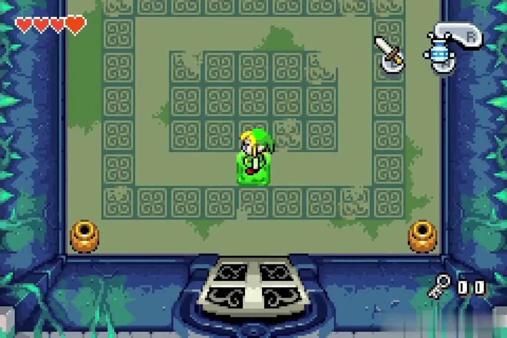 Link stepping onto the green warp pad to leave Deepwood Shrine Link stepping onto the green warp pad to leave Deepwood Shrine