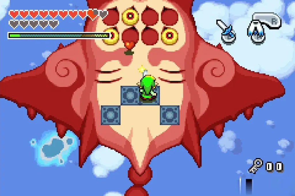 Link on the Gyorg Pair's back in the Palace of Winds, standing on the blue panels Link on the Gyorg Pair's back in the Palace of Winds, standing on the blue panels