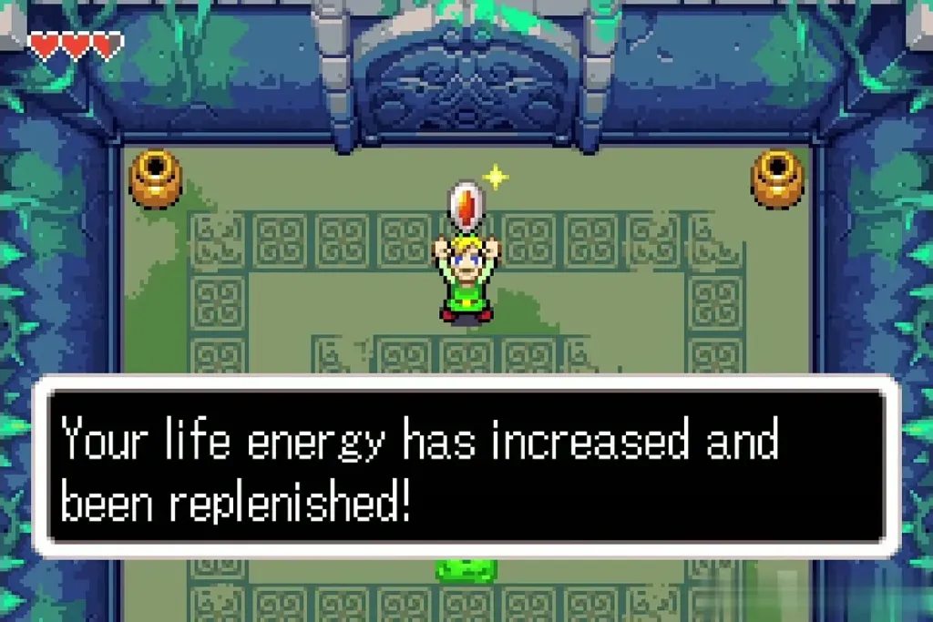 Link holding up a Heart Container with the full message Link holding up a Heart Container with the full message