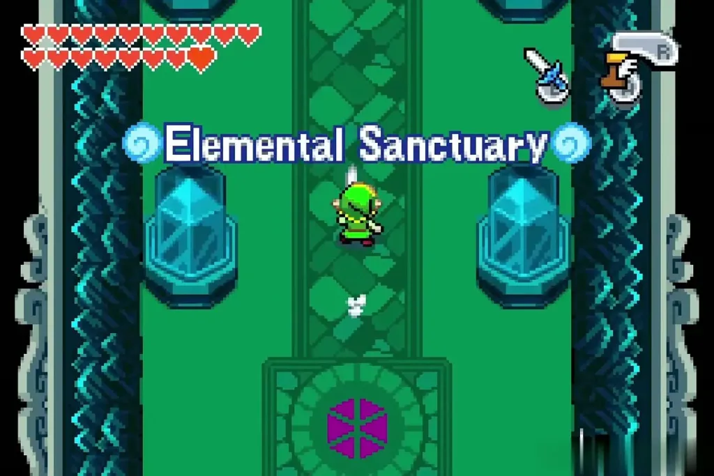 Link entering the Elemental Sanctuary along the green corridor Link entering the Elemental Sanctuary along the green corridor