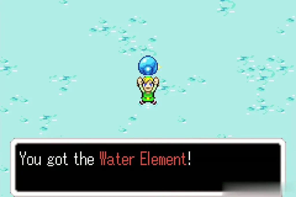 Link holding up the Water Element with the full message Link holding up the Water Element with the full message