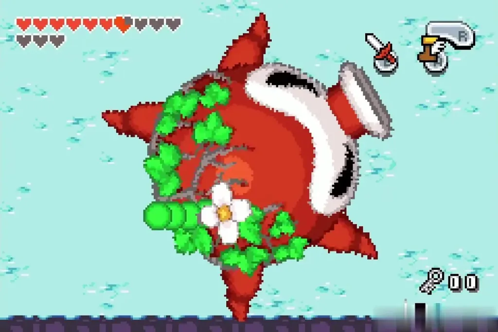 Close view of the Big Octorok boss with vines in the Temple of Droplets arena Close view of the Big Octorok boss with vines in the Temple of Droplets arena