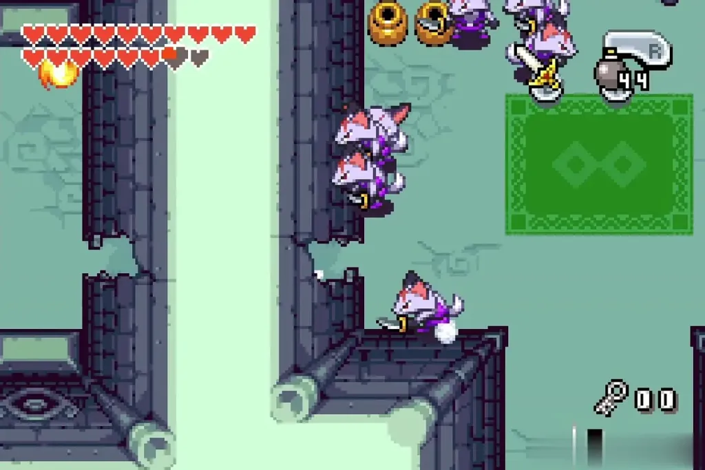 Link at the edge of a pit in Dark Hyrule Castle with purple enemies above Link at the edge of a pit in Dark Hyrule Castle with purple enemies above