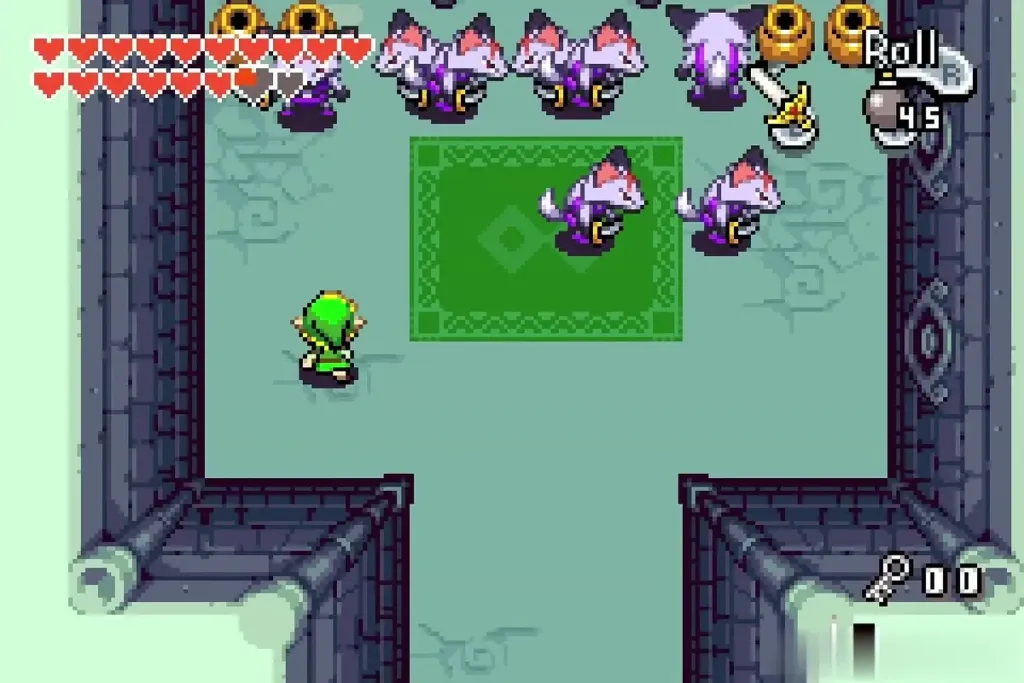 Link in the carpet room of Dark Hyrule Castle facing a row of purple enemies Link in the carpet room of Dark Hyrule Castle facing a row of purple enemies