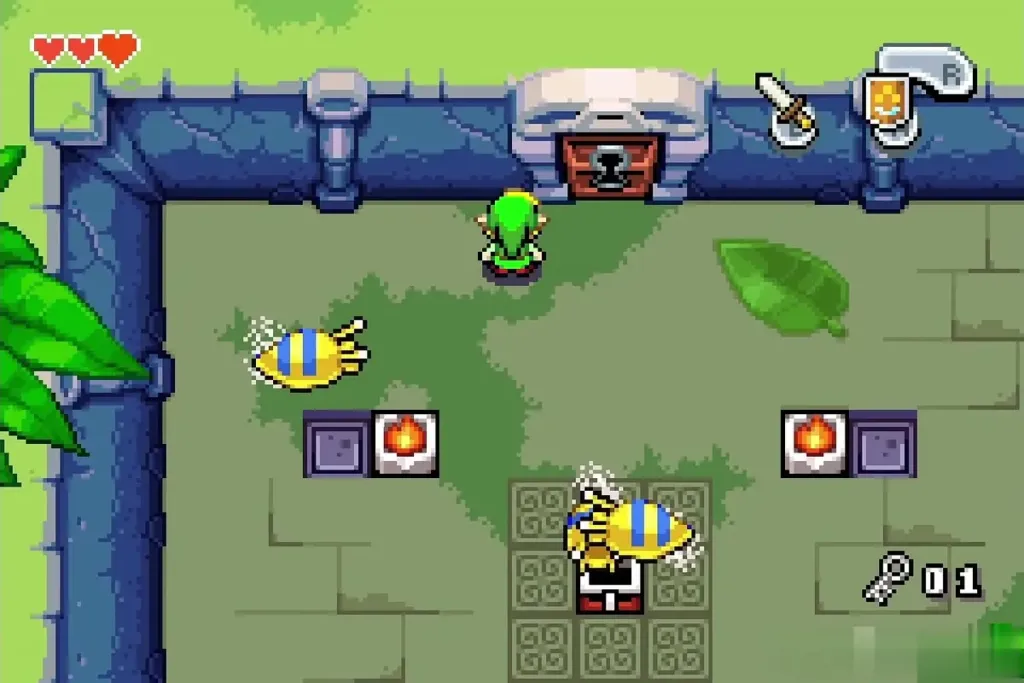 Link facing a yellow-striped bee enemy by the chest in Deepwood Shrine Link facing a yellow-striped bee enemy by the chest in Deepwood Shrine