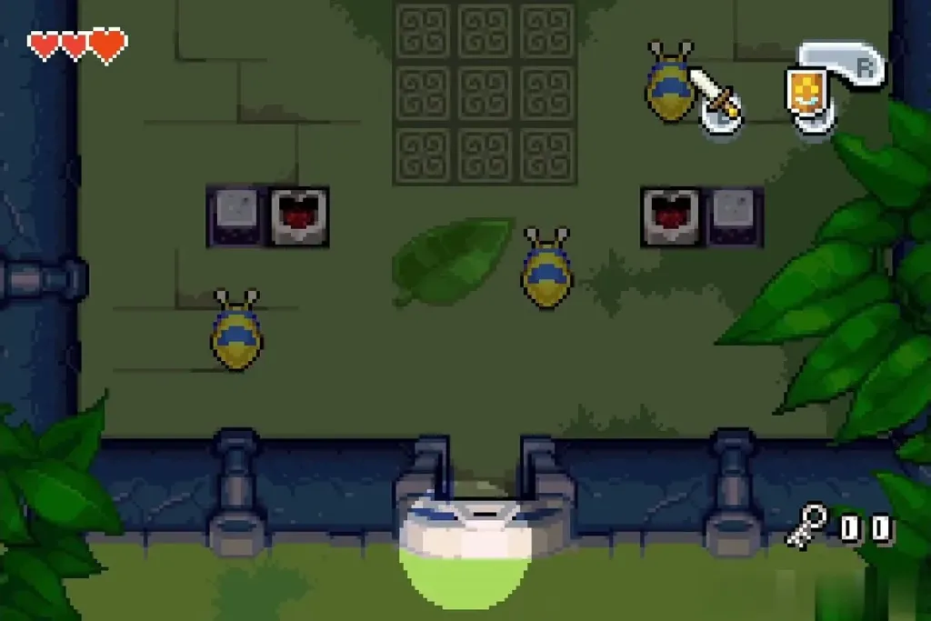 Link among yellow-striped bee enemies in a Deepwood Shrine room Link among yellow-striped bee enemies in a Deepwood Shrine room
