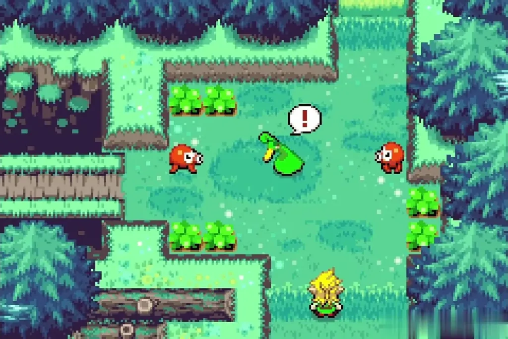 Ezlo in the Minish Woods clearing with a red Octorok on each side Ezlo in the Minish Woods clearing with a red Octorok on each side