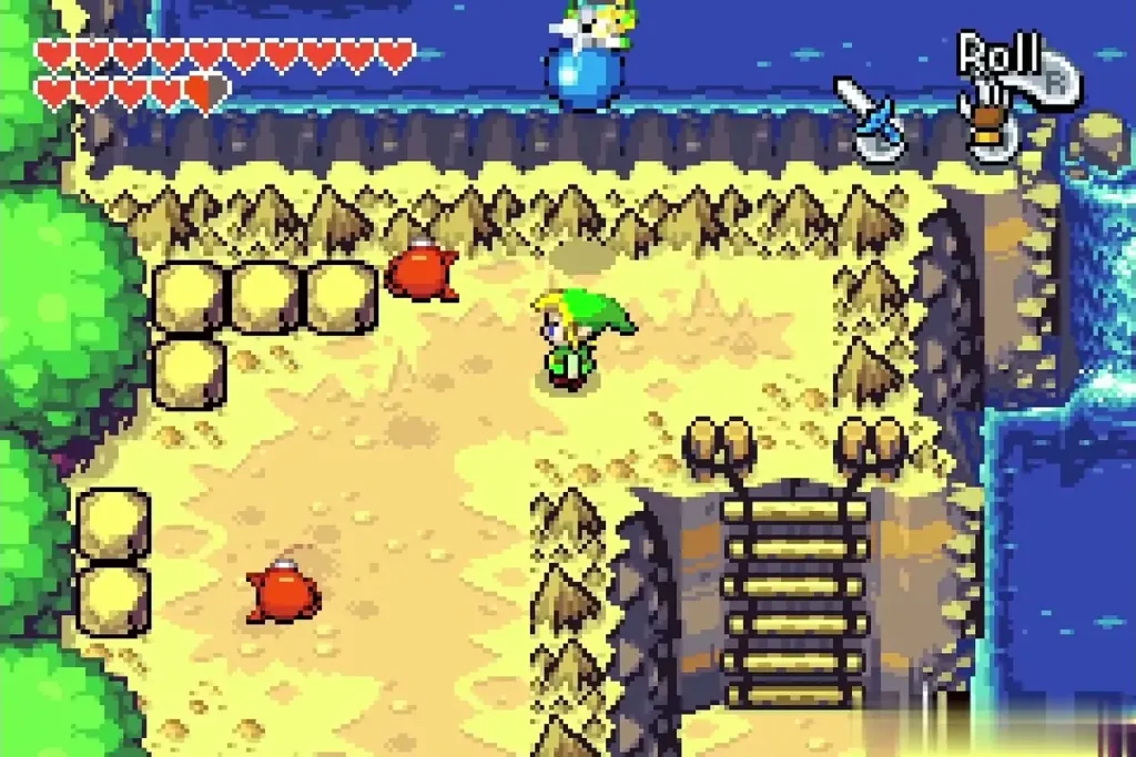 Link on sandy ground by the cliff stairs with two red Octoroks nearby Link on sandy ground by the cliff stairs with two red Octoroks nearby