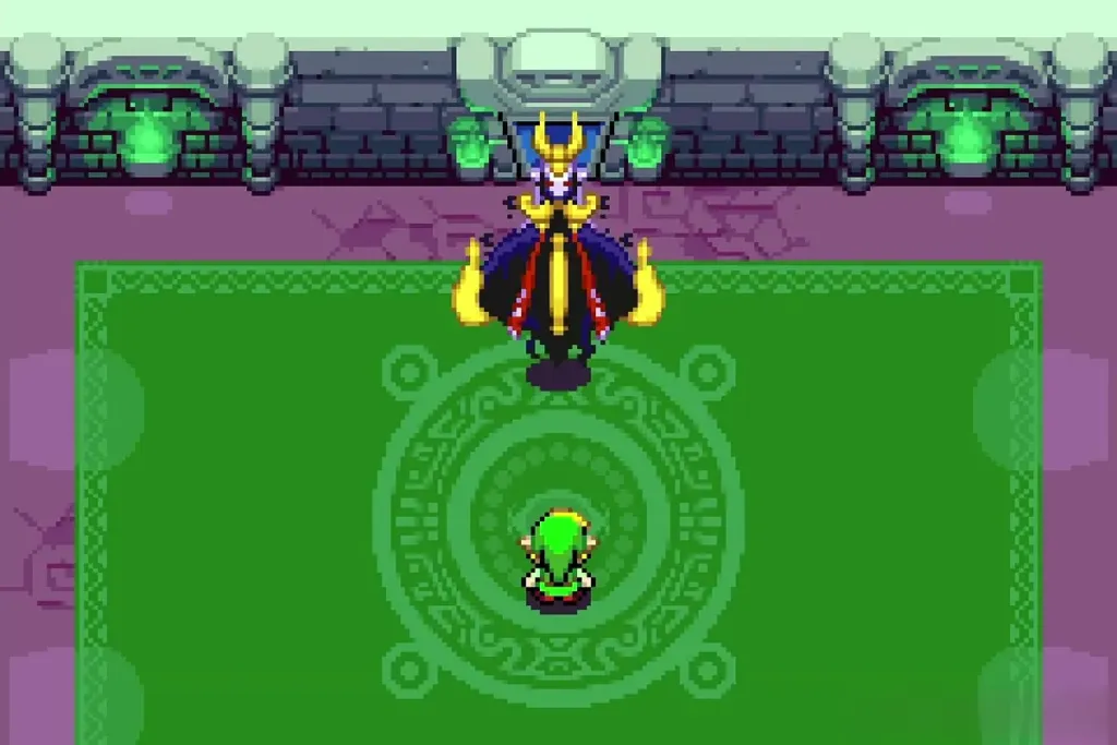 Link facing Vaati Reborn in the green arena, with the boss dark and tall above him Link facing Vaati Reborn in the green arena, with the boss dark and tall above him