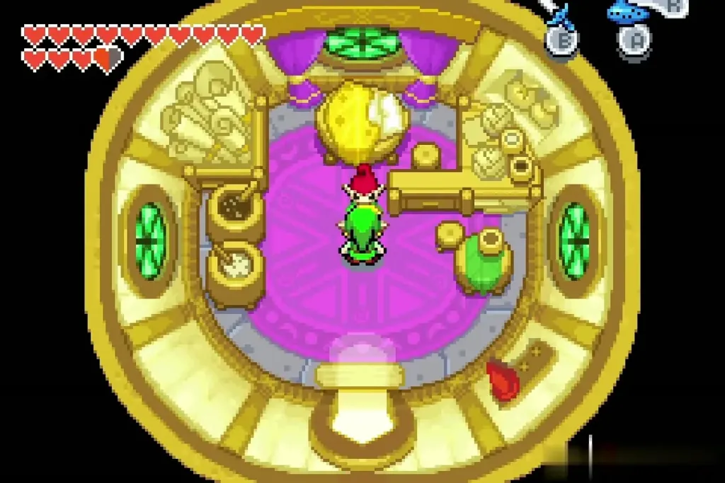 Link standing in the gold-walled Minish room after the red piece fusion Link standing in the gold-walled Minish room after the red piece fusion