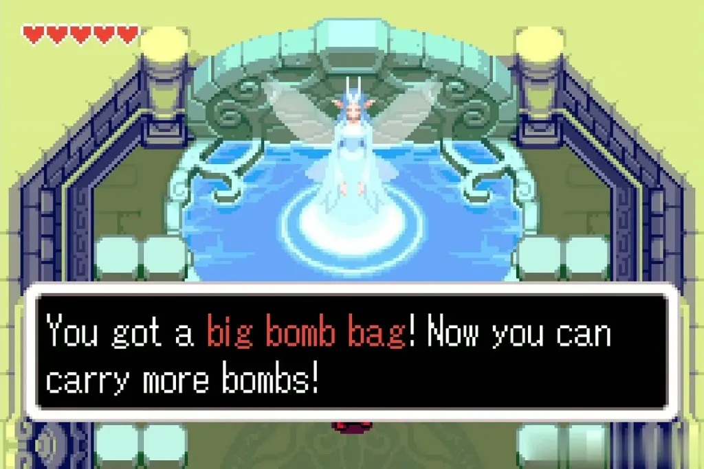 Link at the Adventurer's Spring after the You got a big bomb bag item-get message Link at the Adventurer's Spring after the You got a big bomb bag item-get message