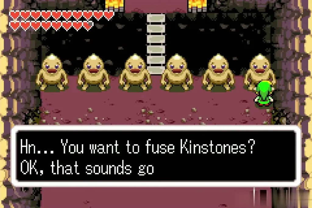Six Gorons in a row in the Goron Cave as the Goron says it wants to fuse Kinstones Six Gorons in a row in the Goron Cave as the Goron says it wants to fuse Kinstones