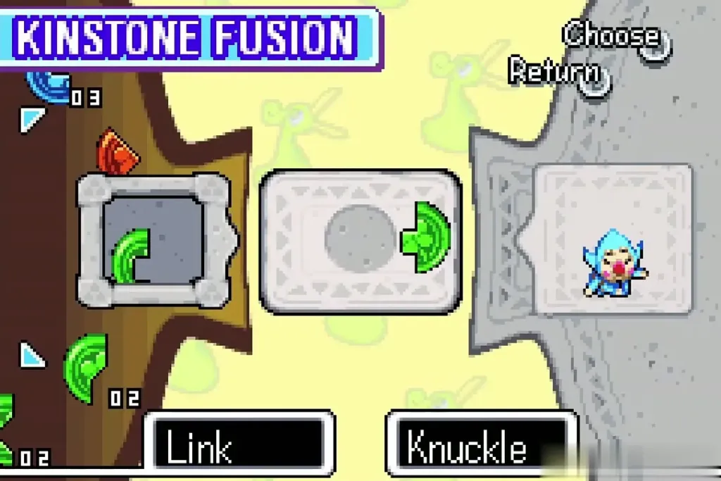 Kinstone Fusion screen with Link's green piece and Knuckle waiting on the right panel Kinstone Fusion screen with Link's green piece and Knuckle waiting on the right panel