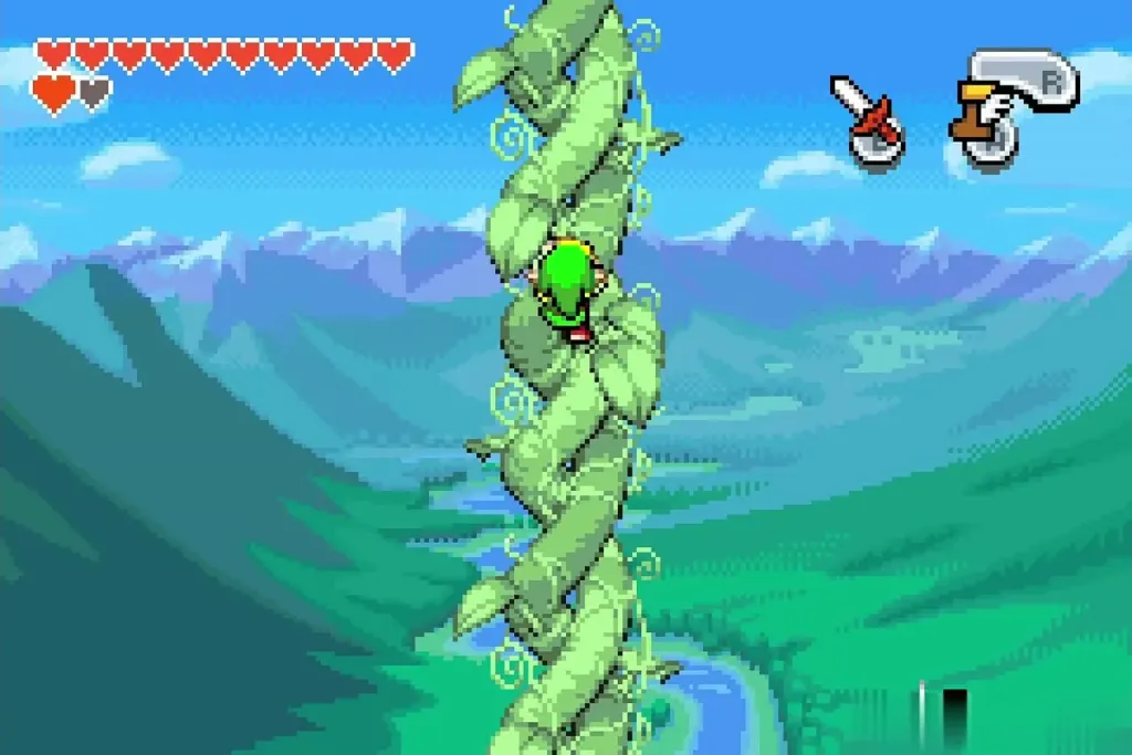 Link climbing the green beanstalk above the Hyrule landscape toward the cloud Link climbing the green beanstalk above the Hyrule landscape toward the cloud