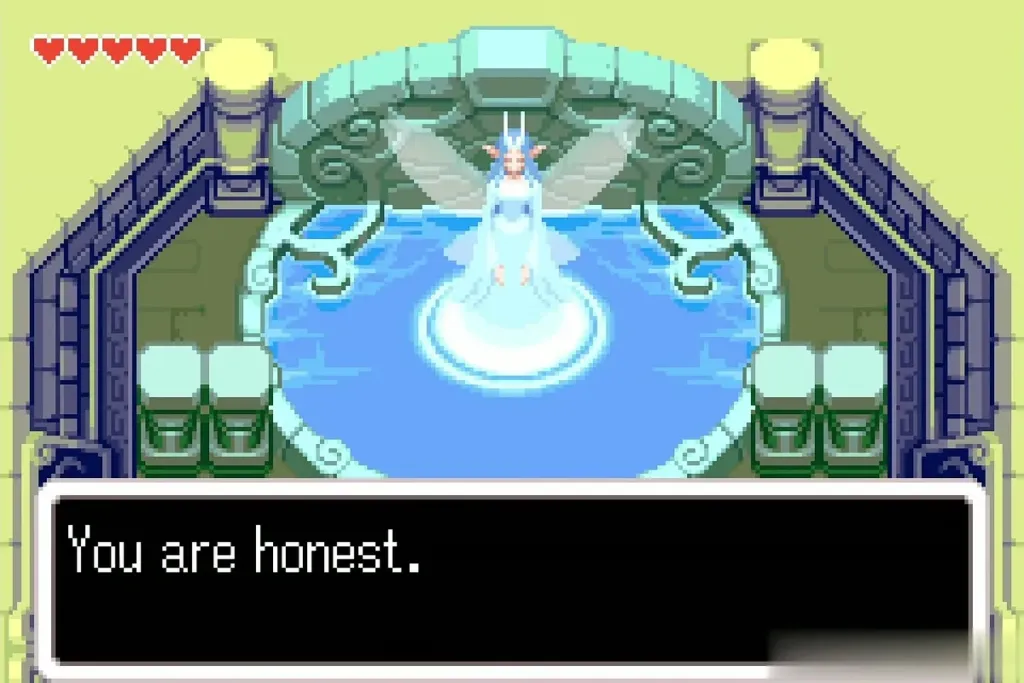 Great Mayfly Fairy at the Adventurer's Spring saying You are honest after Link answers Neither Great Mayfly Fairy at the Adventurer's Spring saying You are honest after Link answers Neither