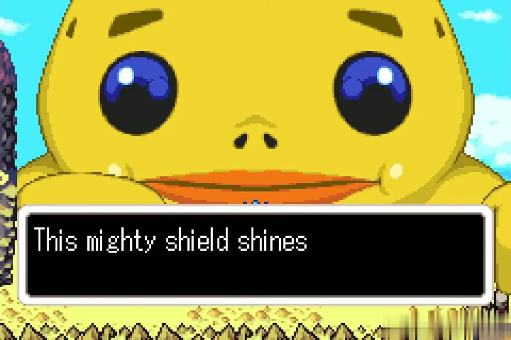 Biggoron at Veil Springs saying the mighty shield shines after eating the Small Shield Biggoron at Veil Springs saying the mighty shield shines after eating the Small Shield