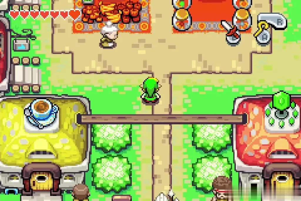 Link walking past Stockwell's shop with its red domed roof in Hyrule Town Link walking past Stockwell's shop with its red domed roof in Hyrule Town