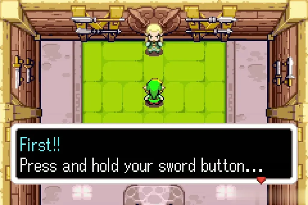 Swiftblade teaching Link the Spin Attack by telling him to press and hold the sword button Swiftblade teaching Link the Spin Attack by telling him to press and hold the sword button