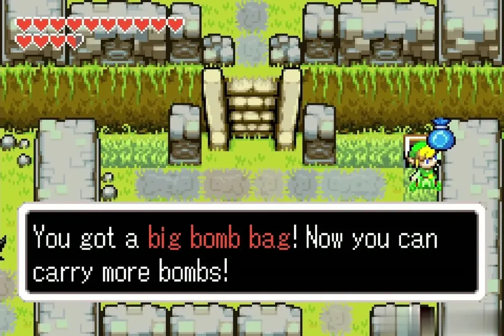 Link beside the Wind Ruins courtyard after the You got a big bomb bag item-get message Link beside the Wind Ruins courtyard after the You got a big bomb bag item-get message