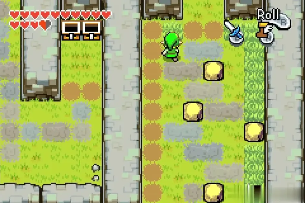 Link in the first Wind Ruins courtyard below the stairs with yellow tiles and chests Link in the first Wind Ruins courtyard below the stairs with yellow tiles and chests
