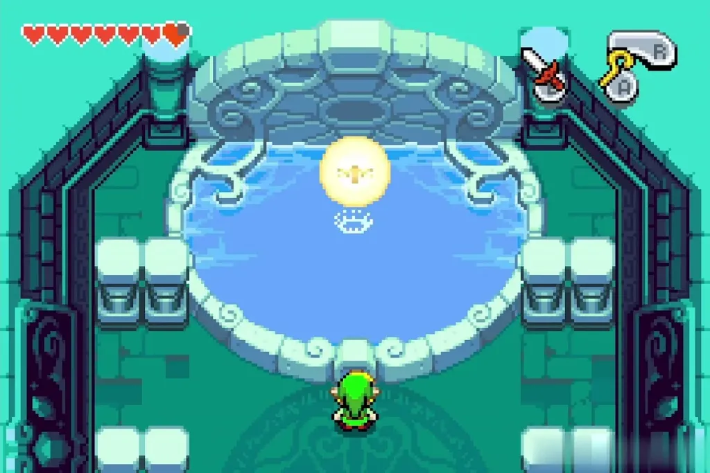 The fairy rising from the adventurer's spring in front of Link The fairy rising from the adventurer's spring in front of Link