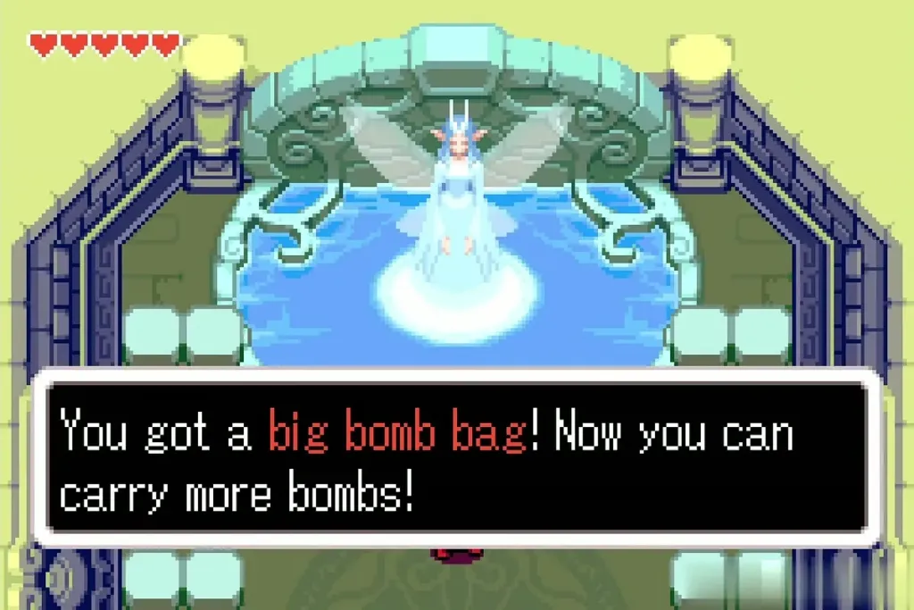 The fairy's message: You got a big bomb bag! Now you can carry more bombs! The fairy's message: You got a big bomb bag! Now you can carry more bombs!
