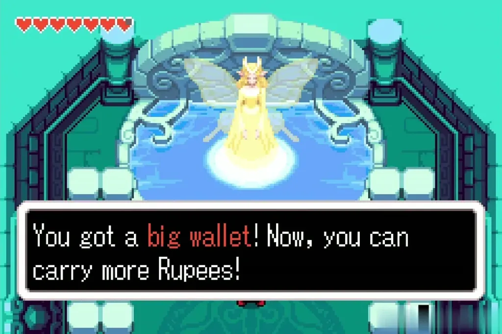 The fairy's message: You got a big wallet! Now you can carry more Rupees! The fairy's message: You got a big wallet! Now you can carry more Rupees!