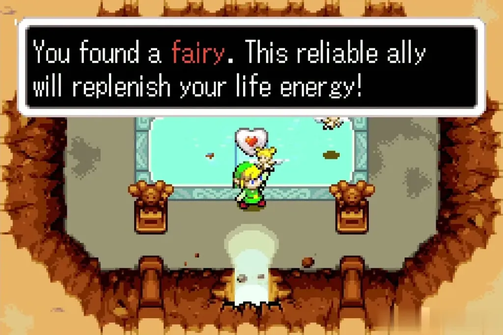 The message: You found a fairy, with Link and the healing fairies in the spring cave The message: You found a fairy, with Link and the healing fairies in the spring cave