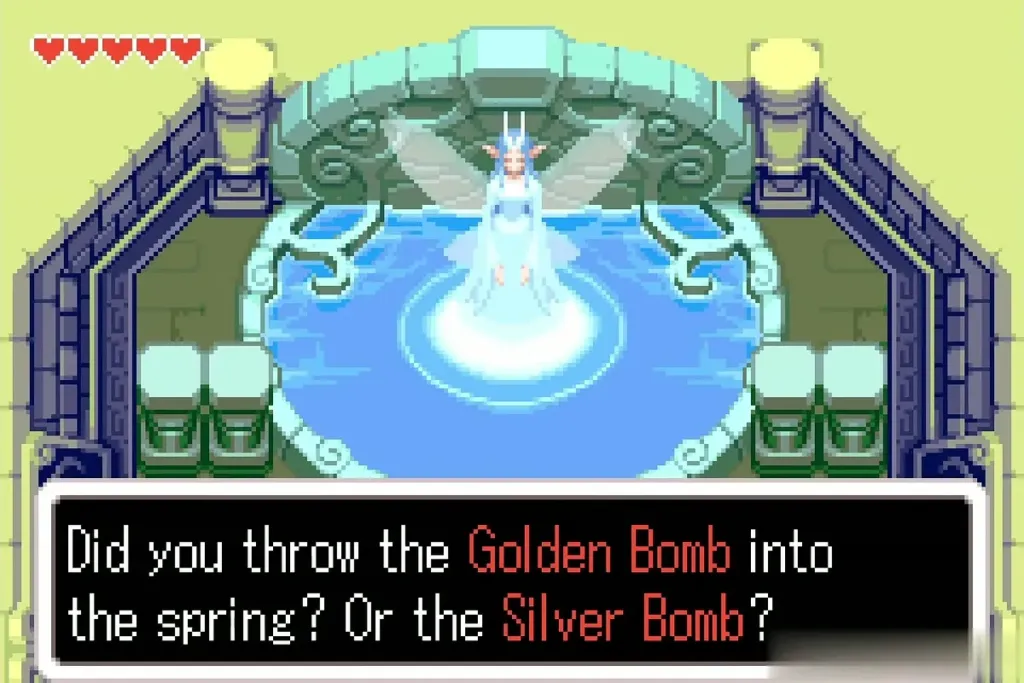 The Great Mayfly Fairy asking whether Link threw the golden or the silver bomb The Great Mayfly Fairy asking whether Link threw the golden or the silver bomb