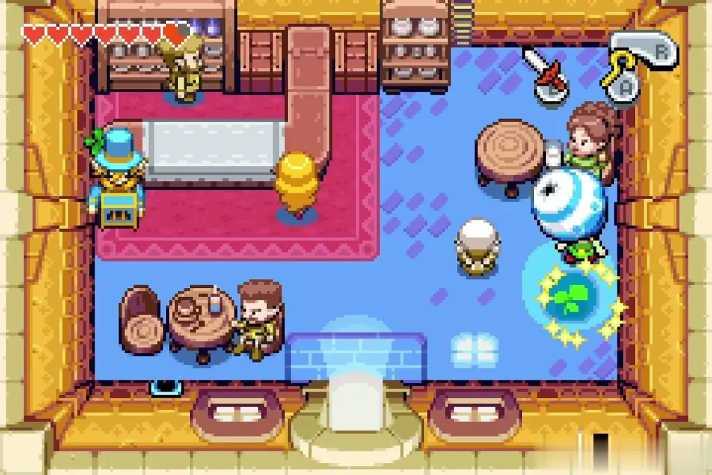 Link at the glowing pot inside Mama's Cafe that shrinks him